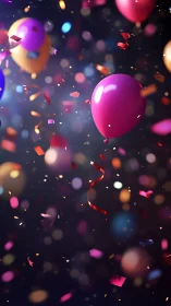 Luminous Balloons with Confetti in Bokeh Depth of Field Composition.