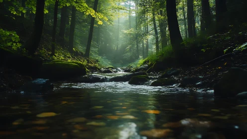 Forest Stream Illuminated by Soft Sunlight Through Ancient Trees