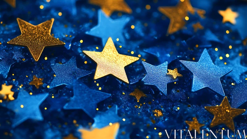 Metallic blue and gold star confetti rendered in macro focus