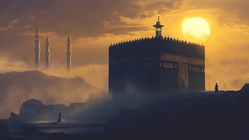 Mystic cube temple at sunset amid mist and towering minarets.
