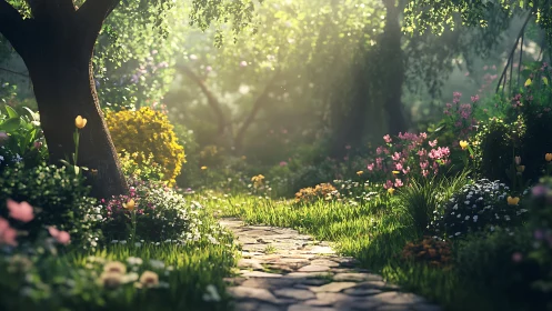 Sunlit garden path cuts through lush flowering woodland.