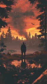 Lone ranger observing burning forest beneath ember sky.