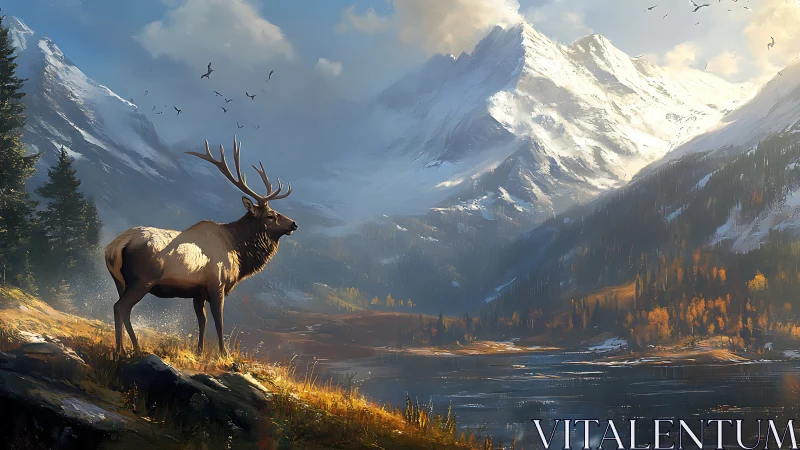Elk stands on a lakeside slope before distant snowy mountains