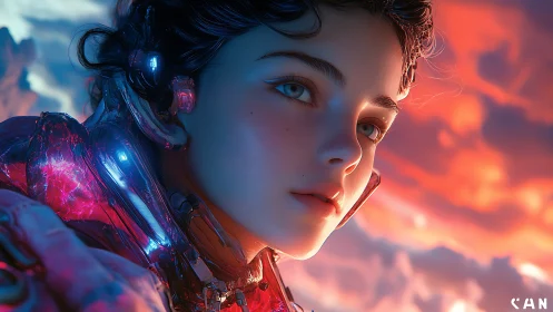 Gentle cyborg dreamer watching a neon cloud horizon glow.