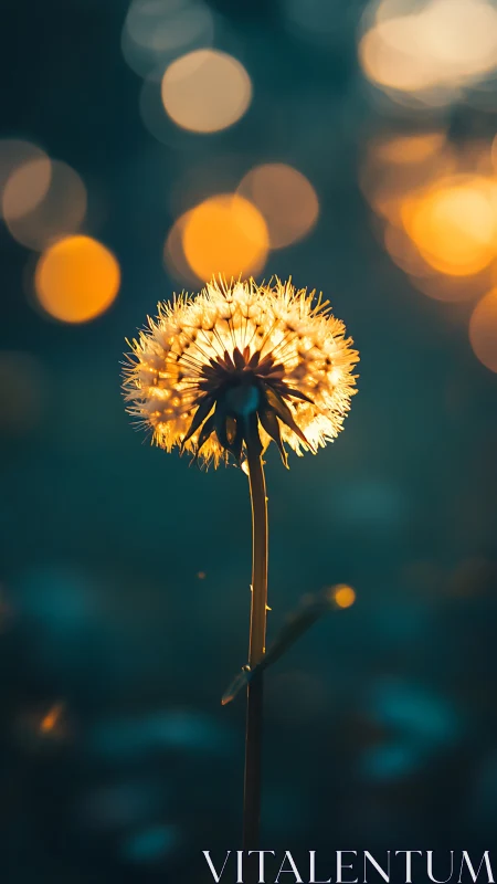 Backlit dandelion seed head glows against soft bokeh dusk