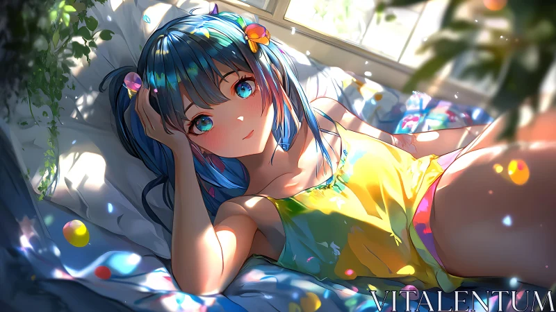 Sunlit daydream with a rainbow-haired girl at rest.