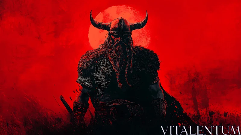 Viking warrior silhouette under blood-red lunar backlight.