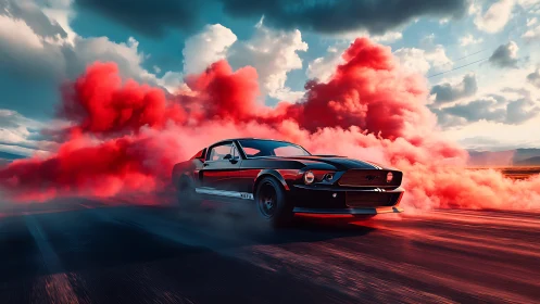 Muscle car storms a desert track in volcanic red smoke.