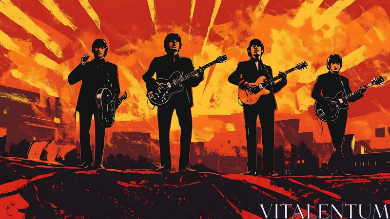 Retro rock band silhouetted against blazing sunset sky.