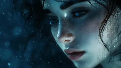Melancholic close-up portrait in cold blue raindrops glow.
