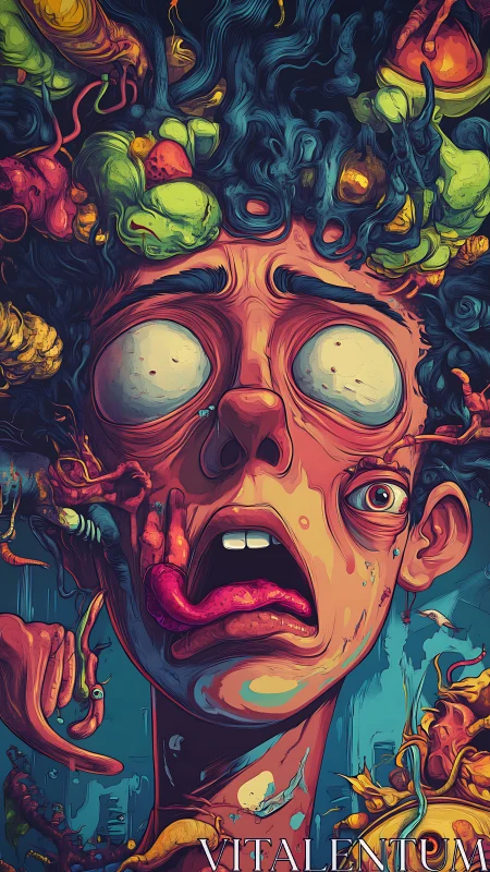 Surreal screaming portrait with worms and melting face.