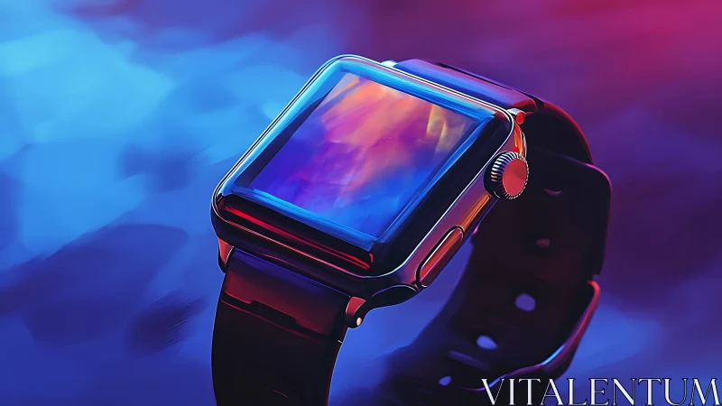 Smartwatch rendered with neon gradients and reflective glass
