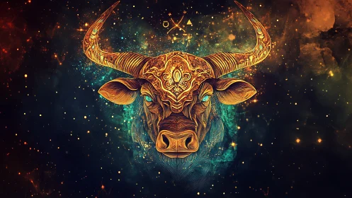 Celestial bull spirit glowing with stardust and quiet power.
