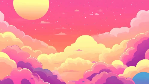 Sunset sky glows above stylized pastel cumulus clouds