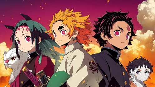 Group of stylized youths with pet-like creatures at sunset.