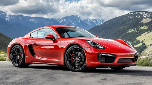 Red mid‑engine sports coupe on mountain highway under clouds