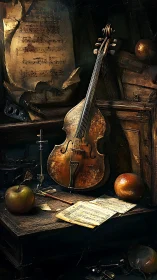 Aged stringed instrument amid baroque musical still life.