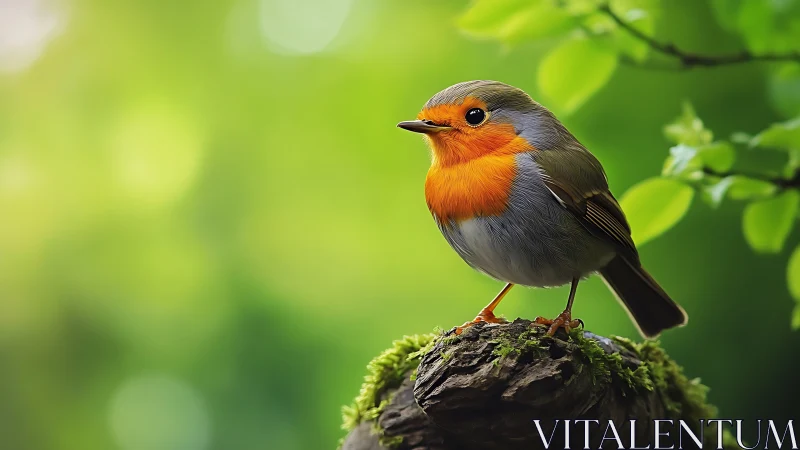 European robin perched on mossy branch, vibrant nature photography.