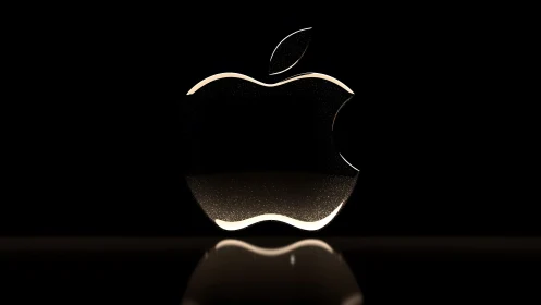 Glossy Apple Logo in Minimalist Dark 3D Style with Reflection.