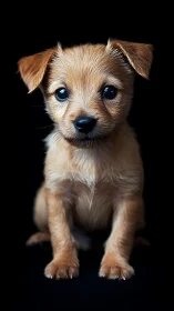 Soft-lit tan puppy portrait against deep black backdrop.