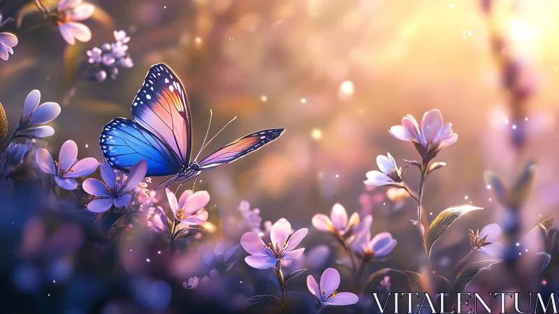 Iridescent butterfly resting in luminous pastel wildflowers.