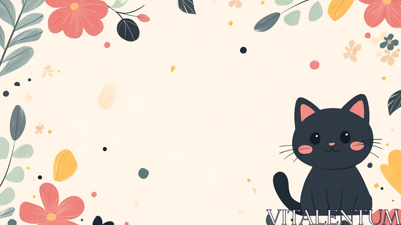 Black cat sitting among stylized floral and botanical elements