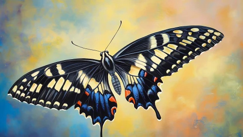 Graceful butterfly gliding across a dreamy pastel sky.