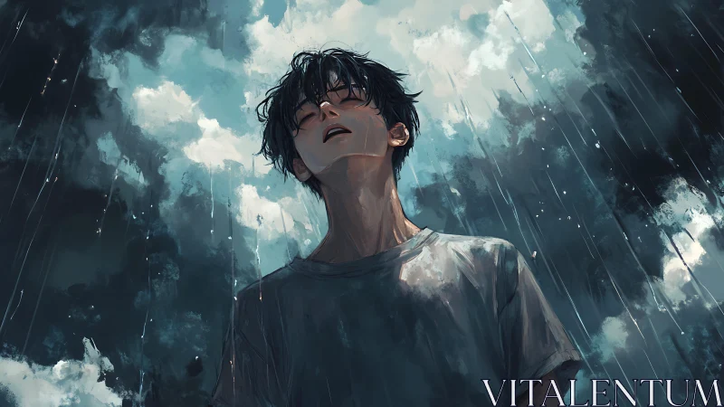 Young man surrenders to stormy rain under a brooding sky