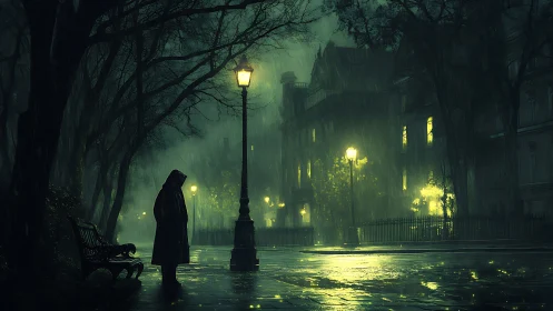 Solitary hooded figure under lamplight in rainy urban park night