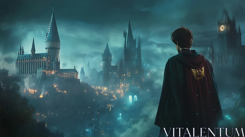 Moonlit wizard gazes toward a mist-soaked enchanted citadel.
