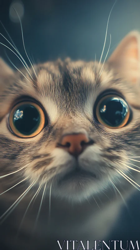 Close-up portrait of white cat with oversized amber and blue eyes