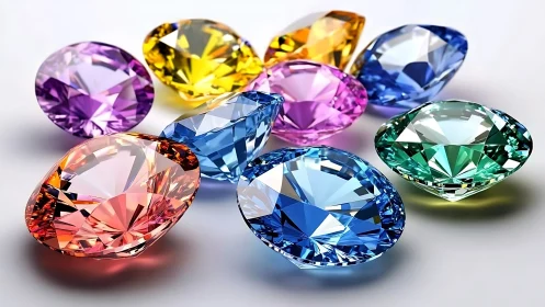 Multicolored faceted gemstones arranged on neutral surface.