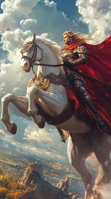 Armored knight on white warhorse above sunlit kingdom.