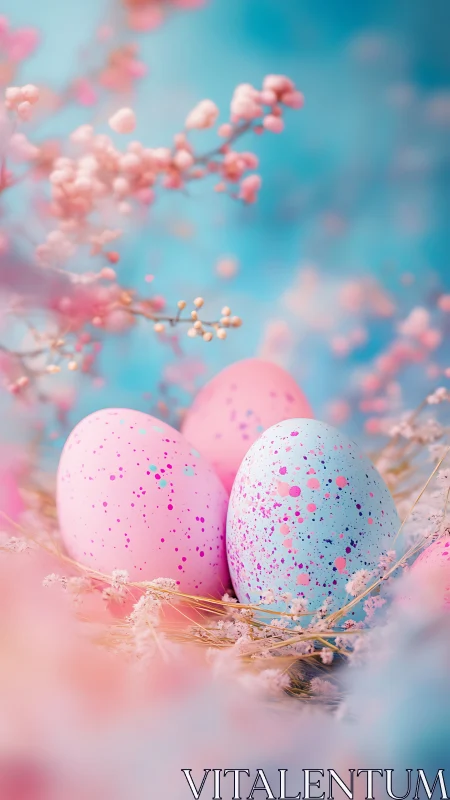 Pastel speckled Easter eggs resting in soft floral nest.