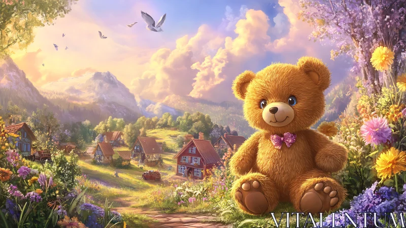 Cute teddy bear in bright flower field village landscape.