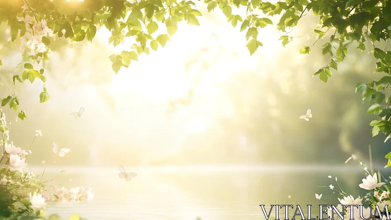 Sunlit Tranquil Lake with Blossoms and Butterflies, Soft Pastel Art.
