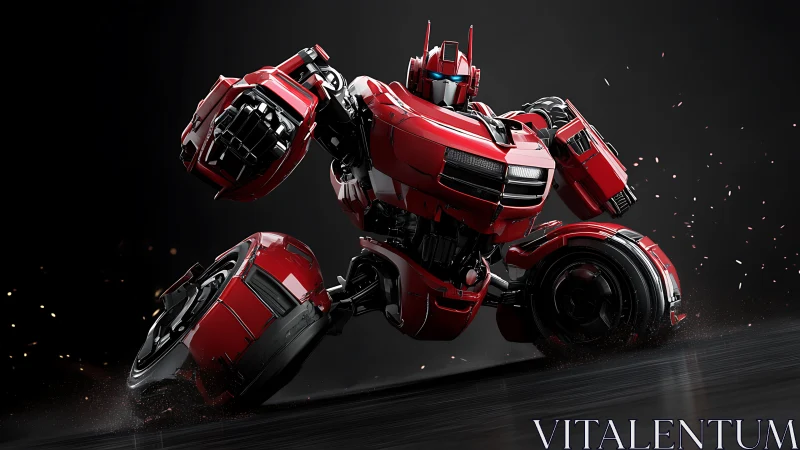 Red combat mech skids forward in a shower of sparks.