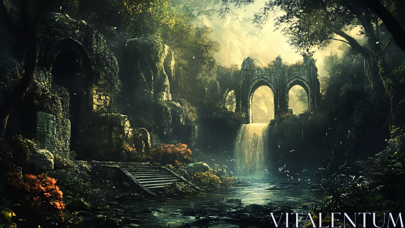 Sunlit ruins whisper over a hidden waterfall’s silver veil