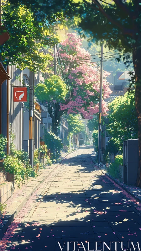 Sunlit residential alley lined with cherry trees in bloom