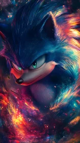 Blue cosmic hedgehog bursts through swirling neon vortex.