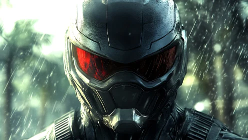 Armored futuristic soldier helmet with red visor in rain.