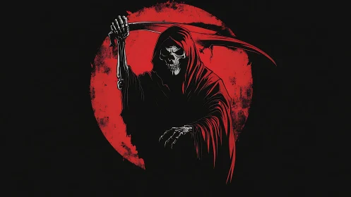Grim reaper illustration isolates in red halo with scythe poised