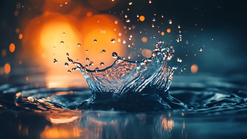 Explosive water splash against glowing bokeh lights backdrop.