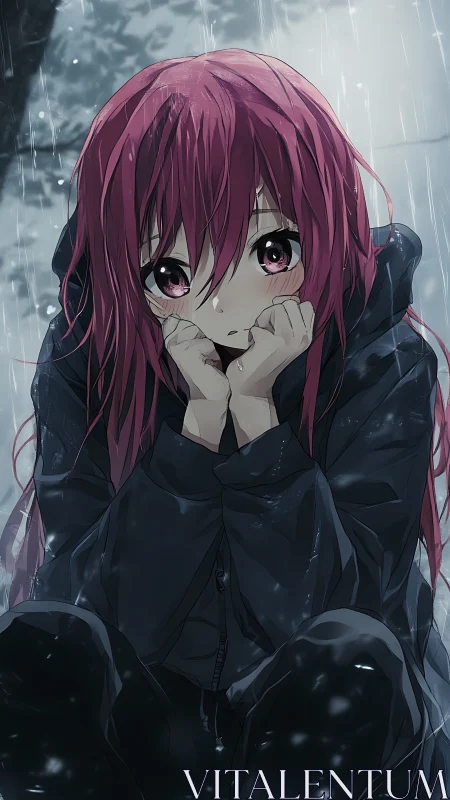 Rain-soaked thoughts gather beneath crimson-tinted bangs