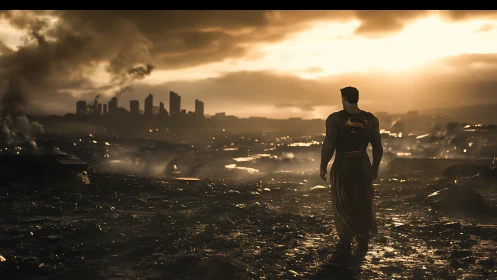 Backlit caped figure surveys smoke-filled post-apocalyptic city ruin