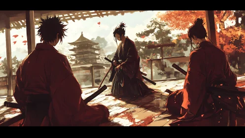 Triangular samurai duel beneath autumn maple canopy at temple