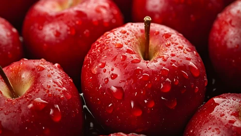 Cluster of dewy red apples glistening in vivid close-up.