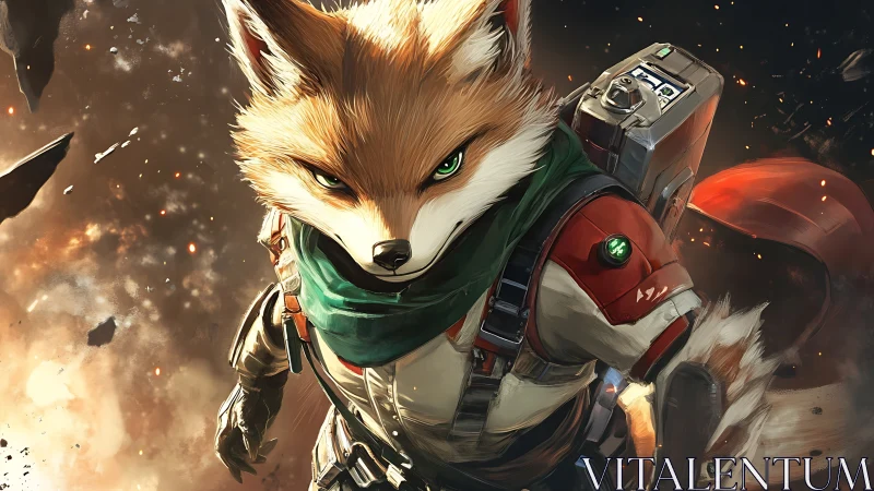 Armored space fox charges through burning asteroid field.