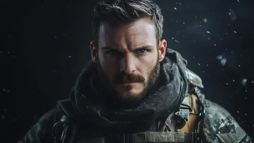 Battle-hardened soldier stares forward under drifting snow