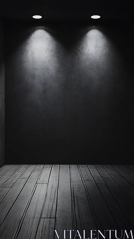 Dark empty room with wooden floor under twin spotlights.